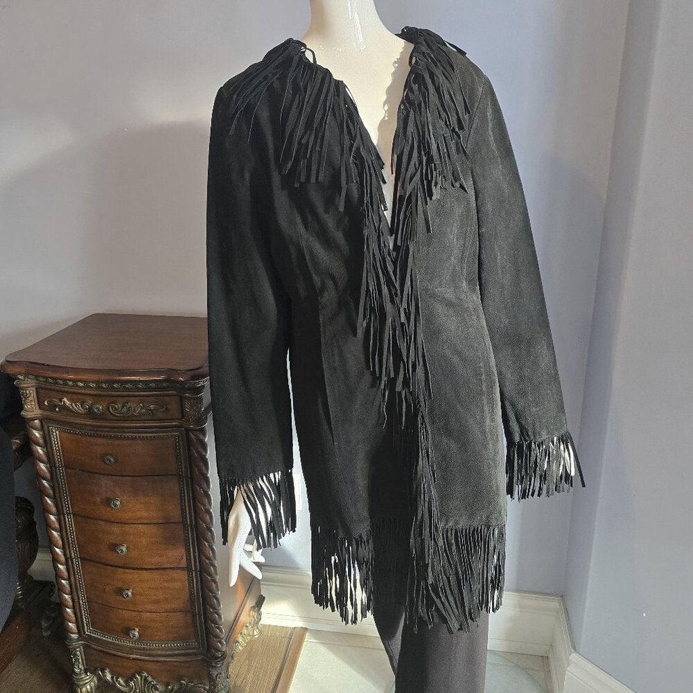 B.Lucid Black Suede Fringe Coat – Size Large